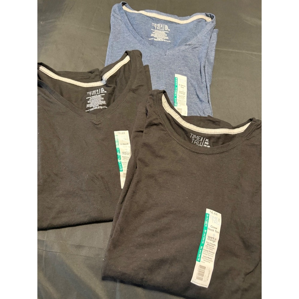 Time and Tru Womens XL 16-18 T Shirt Lot of 3 Black Blue V Neck Crew Neck NWT